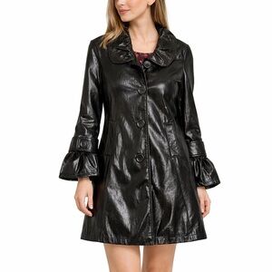 BB DAKOTA  black trench coat glossy 60’s 70’s faux patin leather jacket med